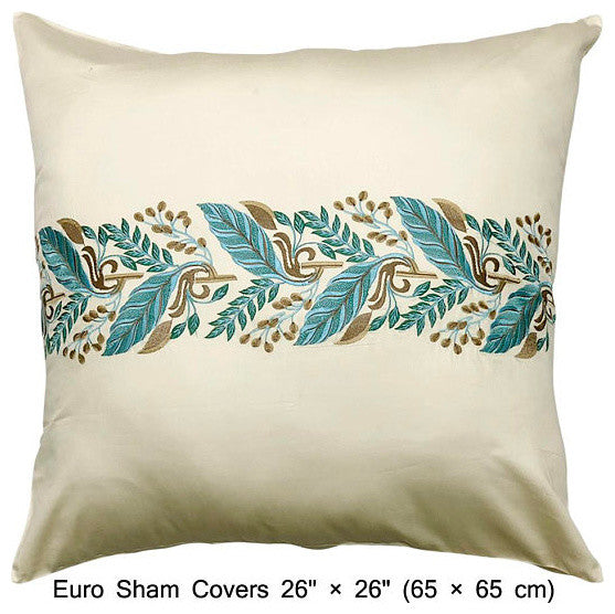 King Duvet Cover 3 Pc set in Cream Cotton with Embroidery, Fern Embroidery