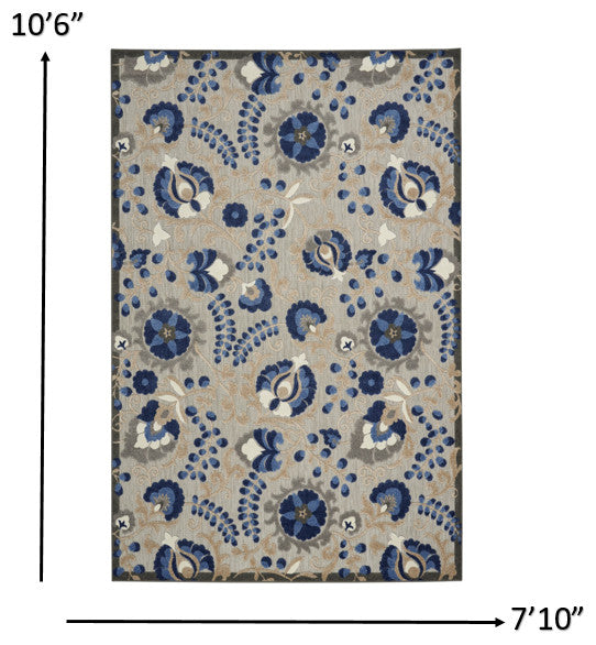 8' X 11' Blue And Gray Floral Indoor Outdoor Area Rug