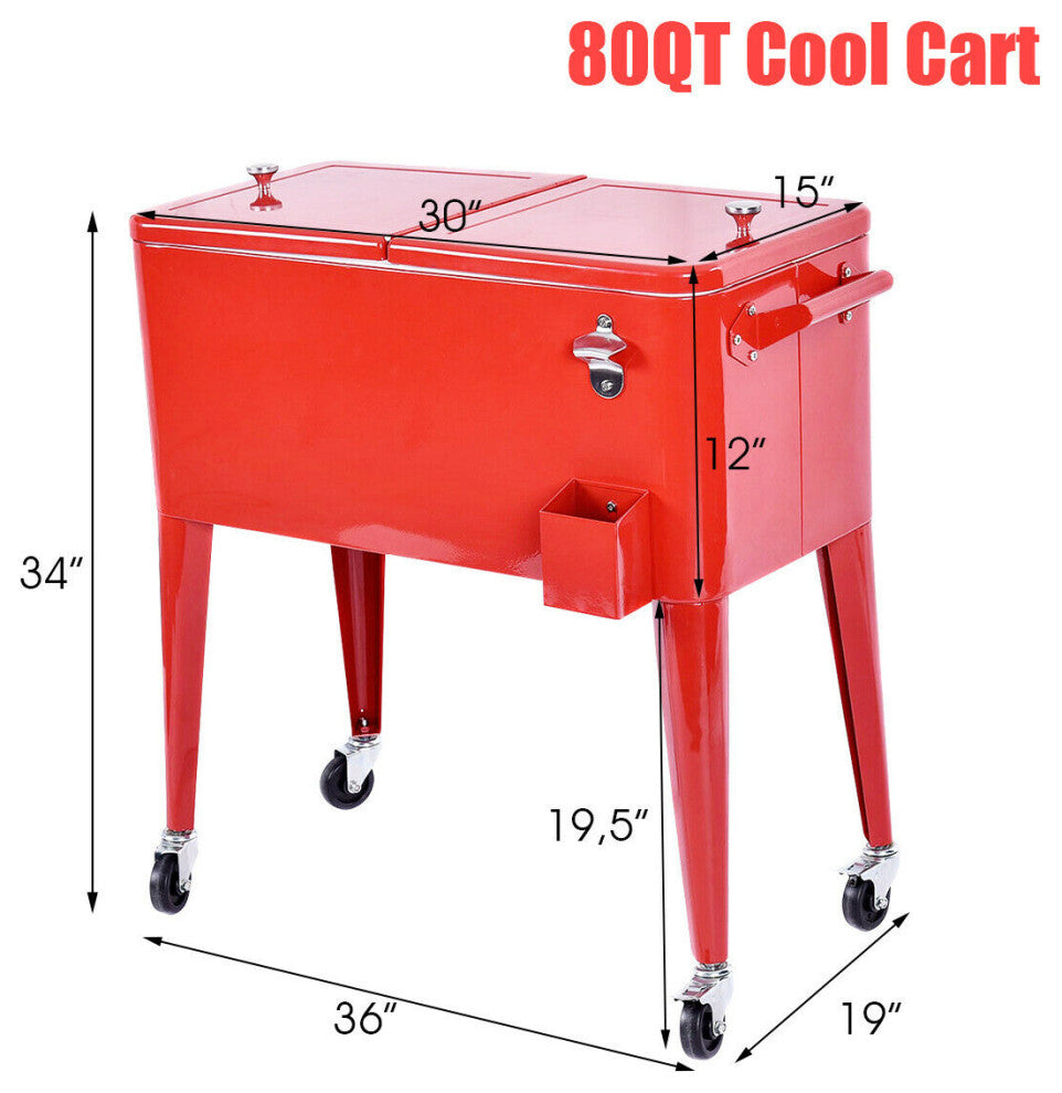 Costway Red Outdoor Patio 80 Quart Cooler Cart Ice Beer Chest Party Portable