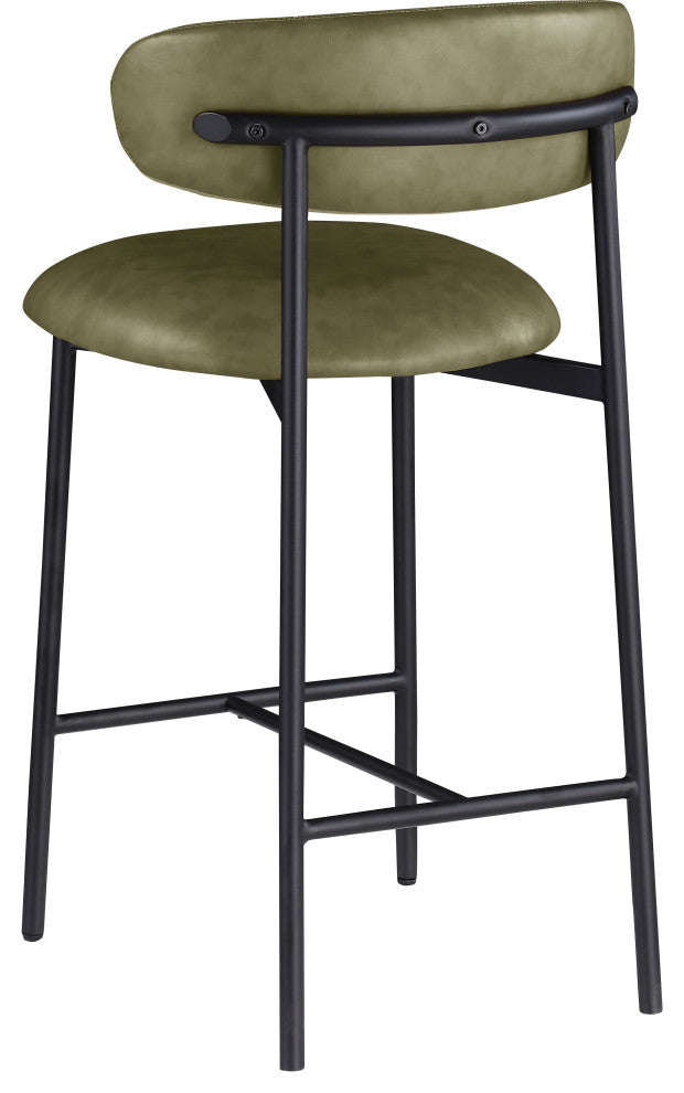 Lupita Upholstered Counter Stool, Olive, Vegan Leather, Matte Black, Set of 2