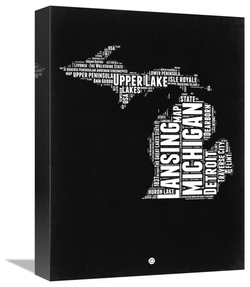 "Michigan Black and White Map" Fine Art Print