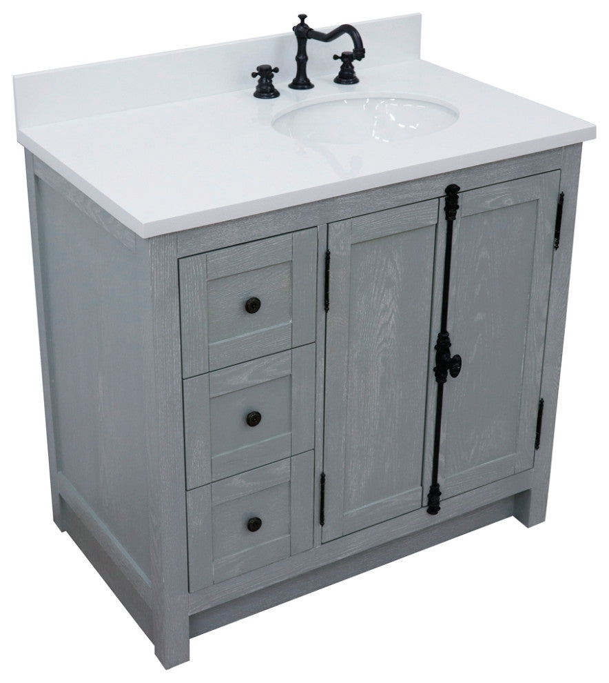 37" Vanity, Gray Ash With Engineered Stone Top, Right Doors/Right Oval Sink