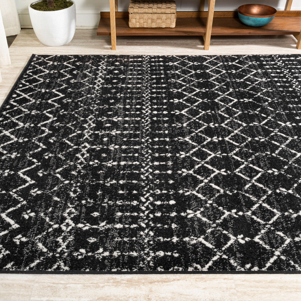 Moroccan HYPE Boho Vintage Diamond Runner Rug, Black/Ivory, 8 X 10