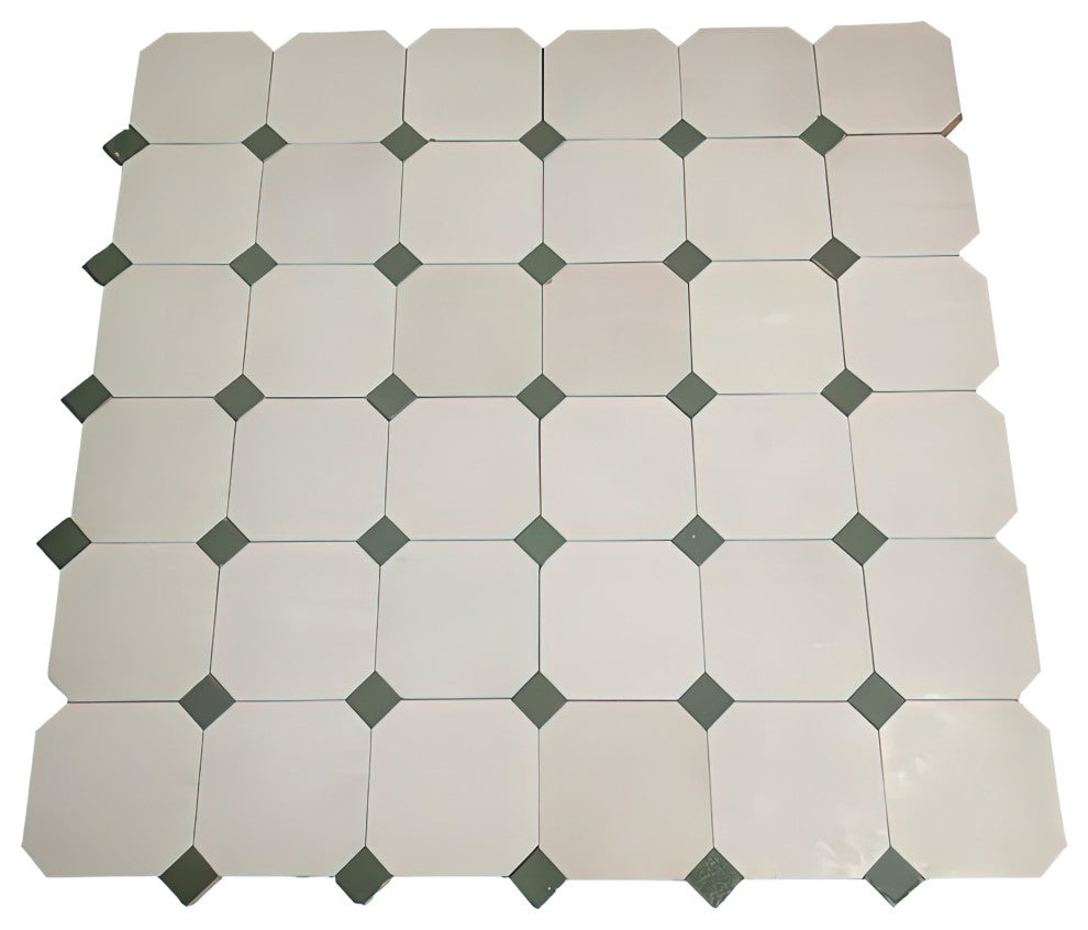 Contemporary Zellige Tile, White With Green, 8-Panels 12x12"
