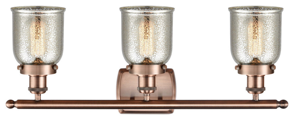 Small Bell 3 Light Bath Vanity Light, Antique Copper, Silver Plated Mercury