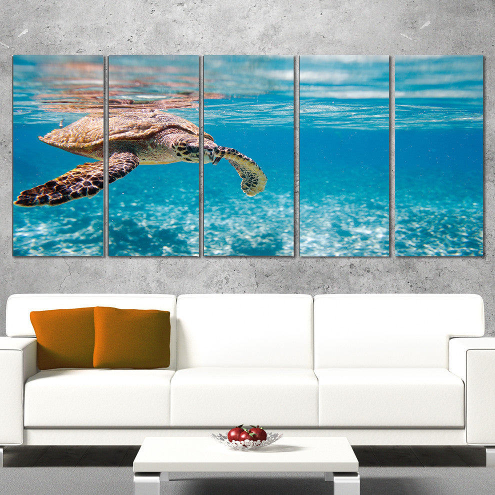Large Hawksbill Sea Turtle, Abstract Canvas Art Print, 60"x28", 5 Panels