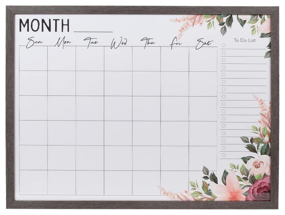 Dry Erase Monthly Whiteboard Calendar With Gray Wood Effect Frame, 18"x24"