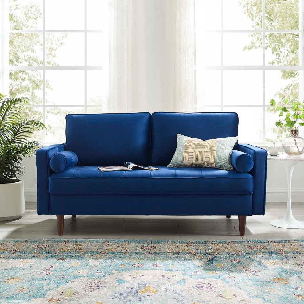 Loveseat Sofa, Velvet, Blue Navy, Modern, Living Lounge Hotel Lobby Hospitality