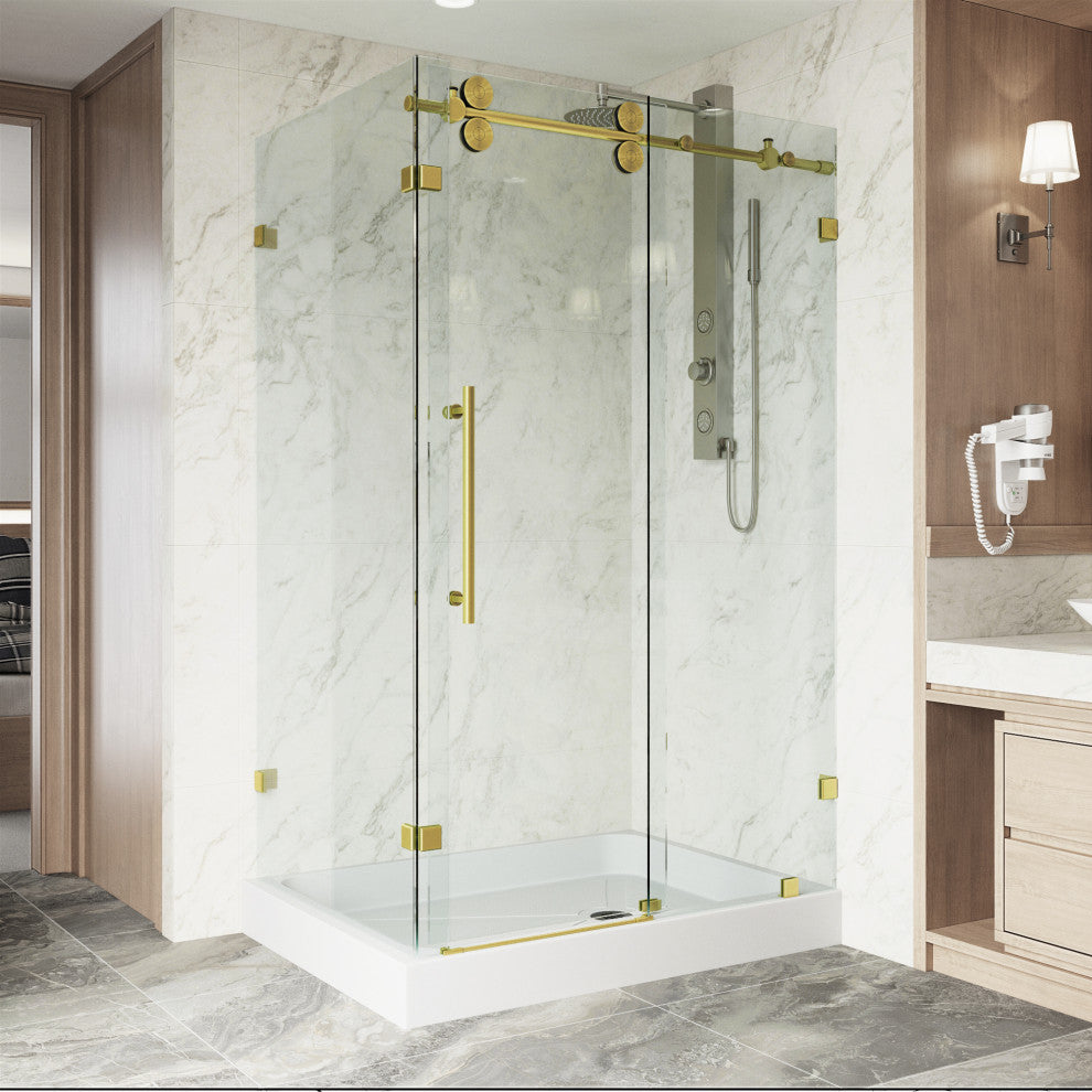 VIGO Winslow Frameless Sliding Shower Enclosure, Matte Brushed Gold, 36" D X 48" W X 80" H, Right Drain Base