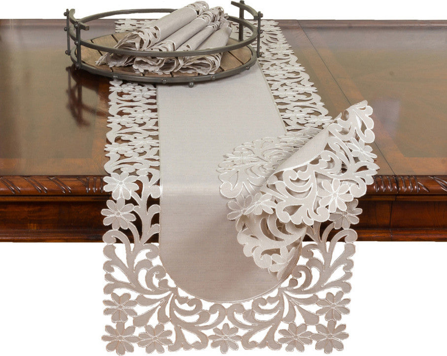 Florence Floral Cutwork Trimed Edge Table Runner, Taupe, 16"x 36"