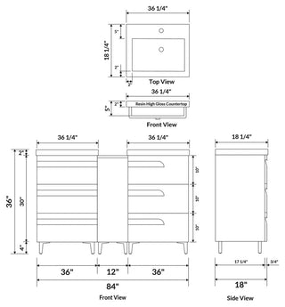 84" Freestanding White Vanity Set With Two Sinks, LV78-C15B-84W, Style 78