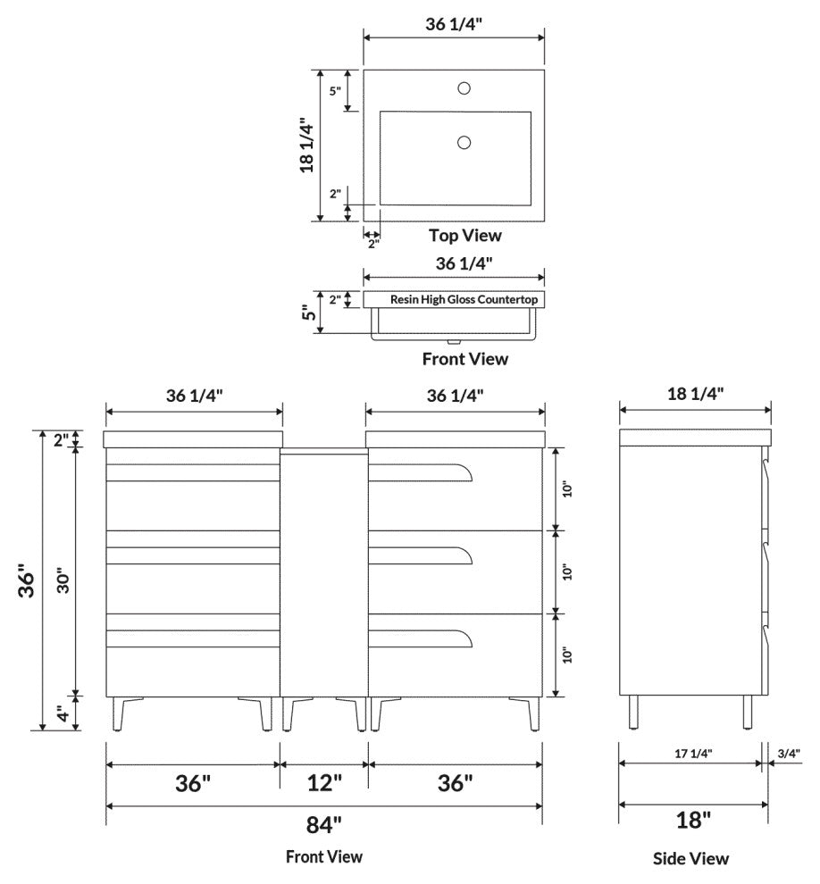 84" Freestanding White Vanity Set With Two Sinks, LV78-C15B-84W, Style 78