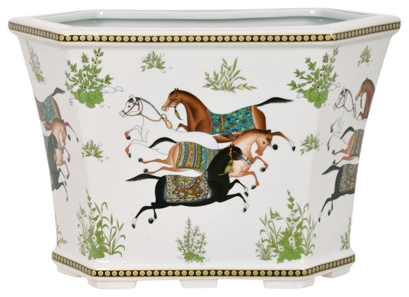 Oriental Horse Motif Floral Porcelain Hexagonal Pot Cachepot