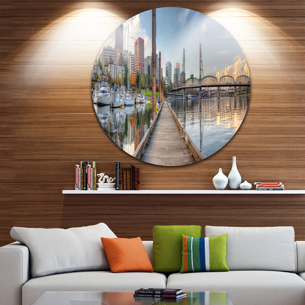 Marina Along The River, Landscape Photo Round Metal Wall Art, 11"