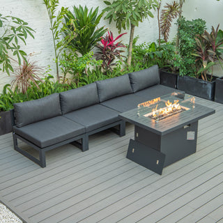 LeisureMod Chelsea 5-Piece Armless Patio Sectional and Fire Pit Set, Black