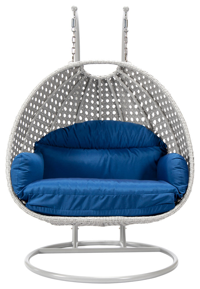 LeisureMod Mendoza Light Gray Wicker Hanging Double Egg Swing Chair, Blue