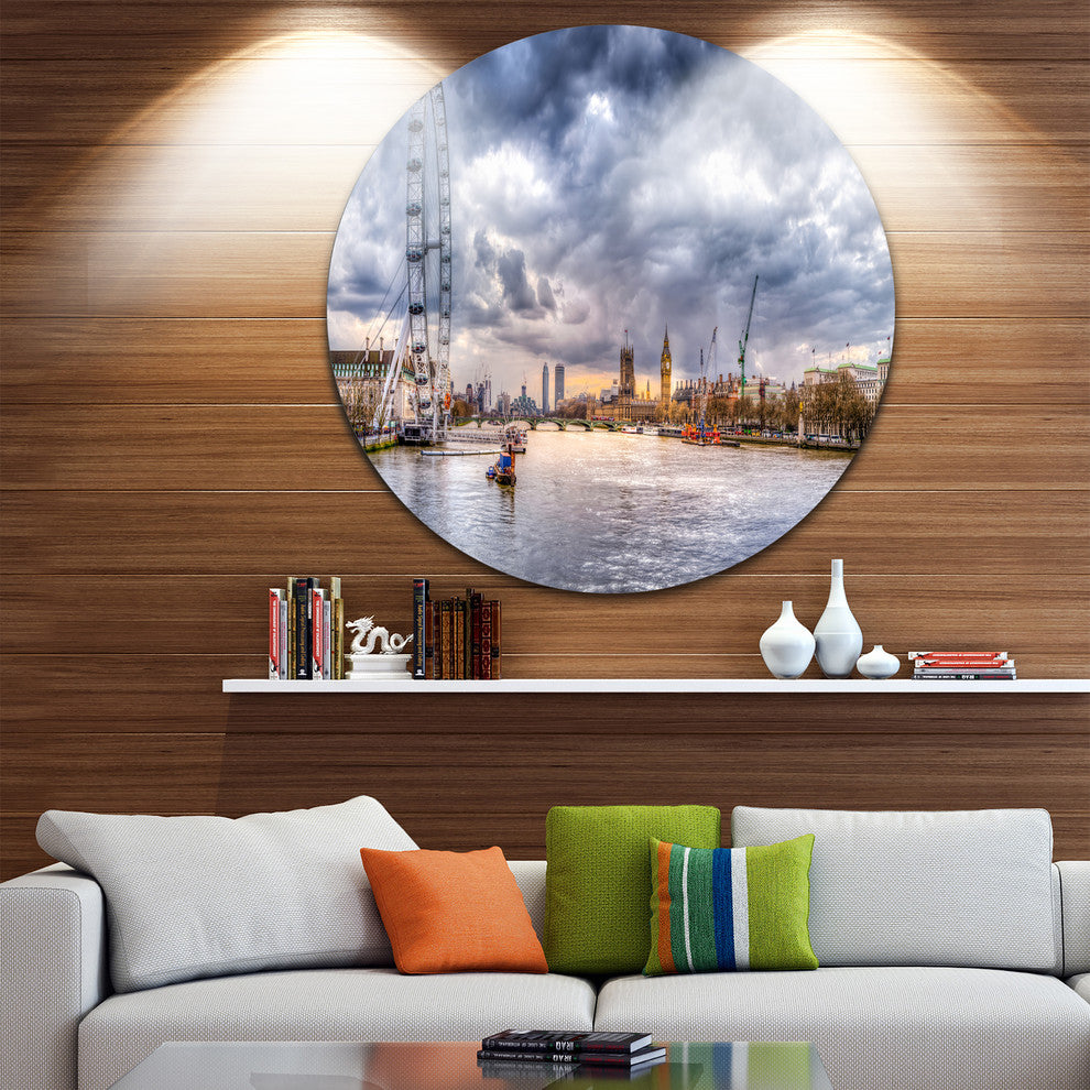London Skyline And River Thames, Cityscape Disc Metal Wall Art, 23"