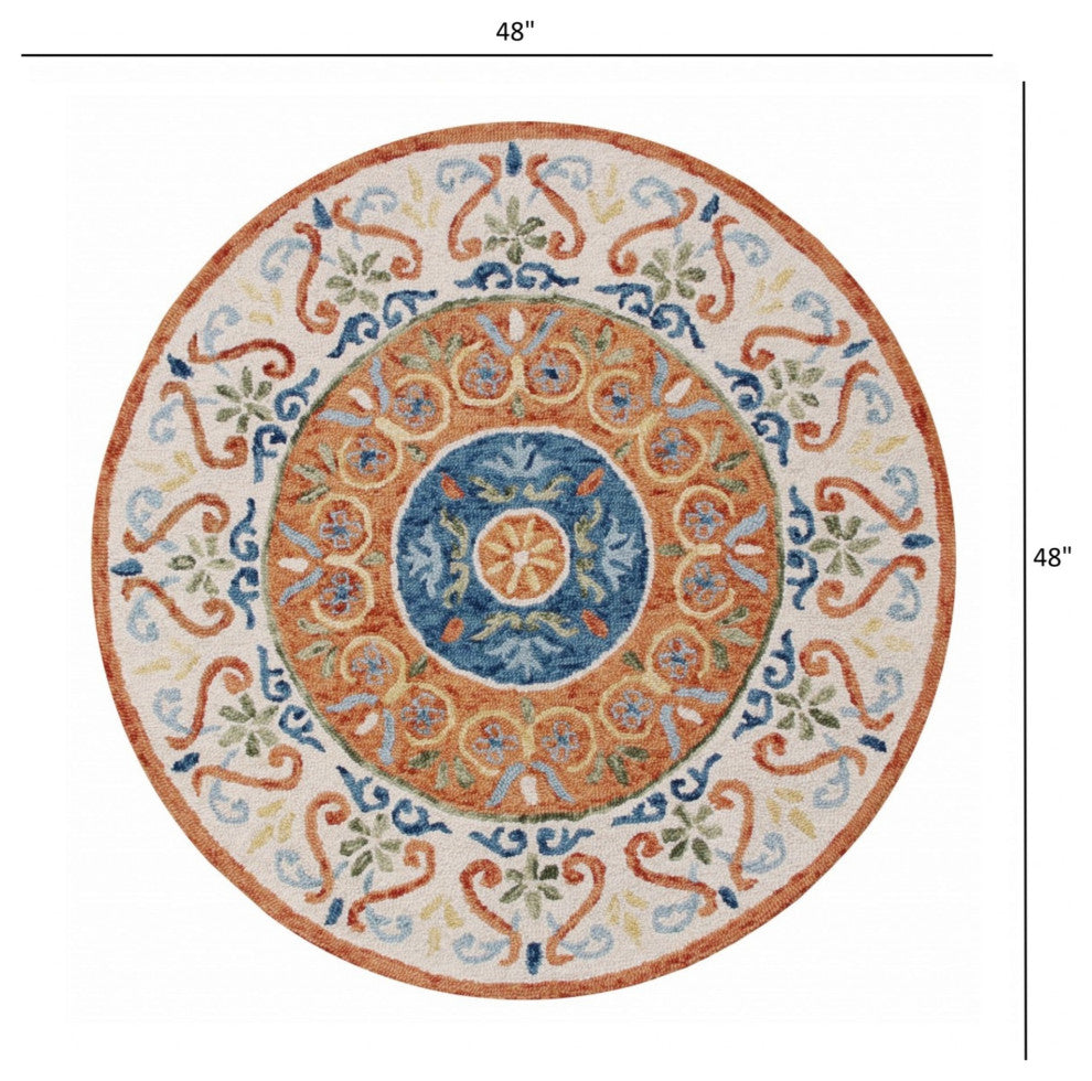 4' Round Orange Traditional Medallion Area Rug