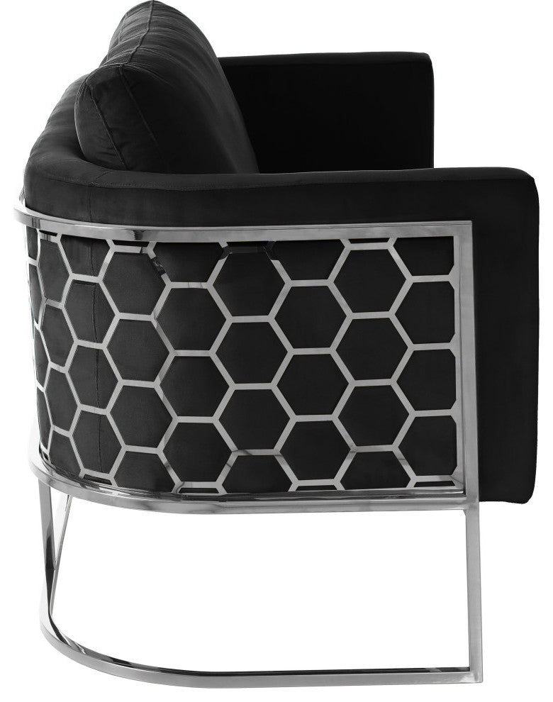 Casa Velvet Upholstered Loveseat, Black, Chrome Finish