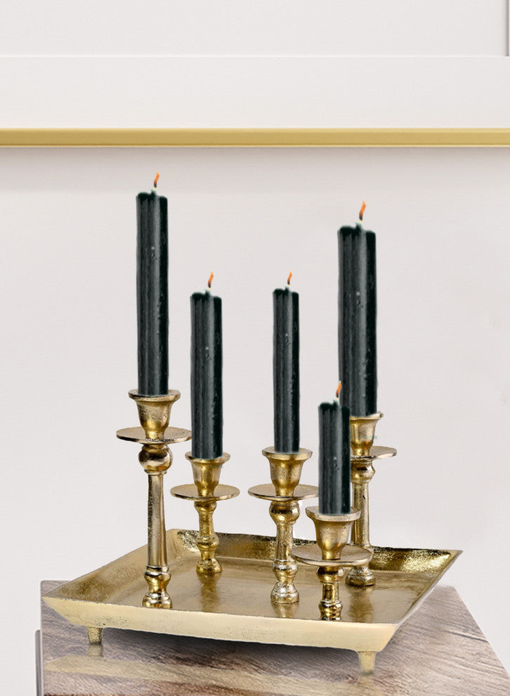 Serene Spaces Living Gold Candlesticks on Square Tray, 12.75" Square & 9" Tall