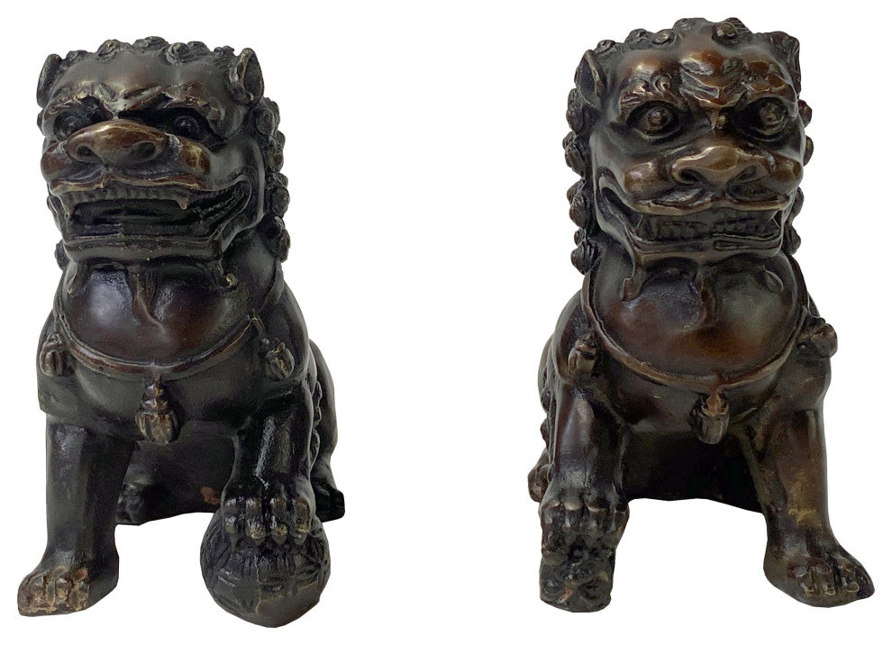 Pair Chinese Oriental Brown Color Metal Fengshui Foo Dog Figures Hws2493