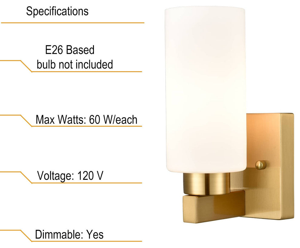 Bathroom Modern Brass Wall Light Milky White Cylinder Glass Set of 2