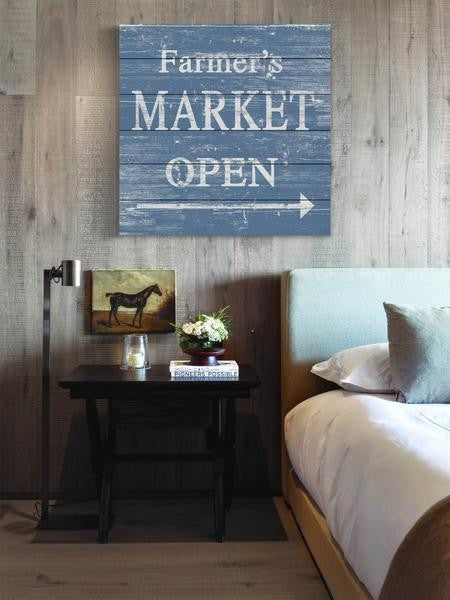 "Farmer's Market Open" Painting Print on White Wood, 32"x32"