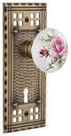 Craftsman Plate Passage White Rose Porcelain Knob, Antique Brass