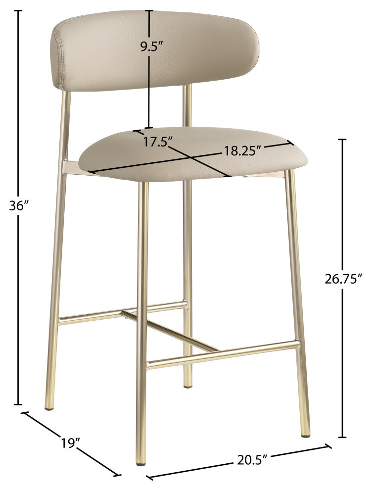 Lupita Upholstered Counter Stool, Taupe, Vegan Leather, Brushed Gold, Set of 2
