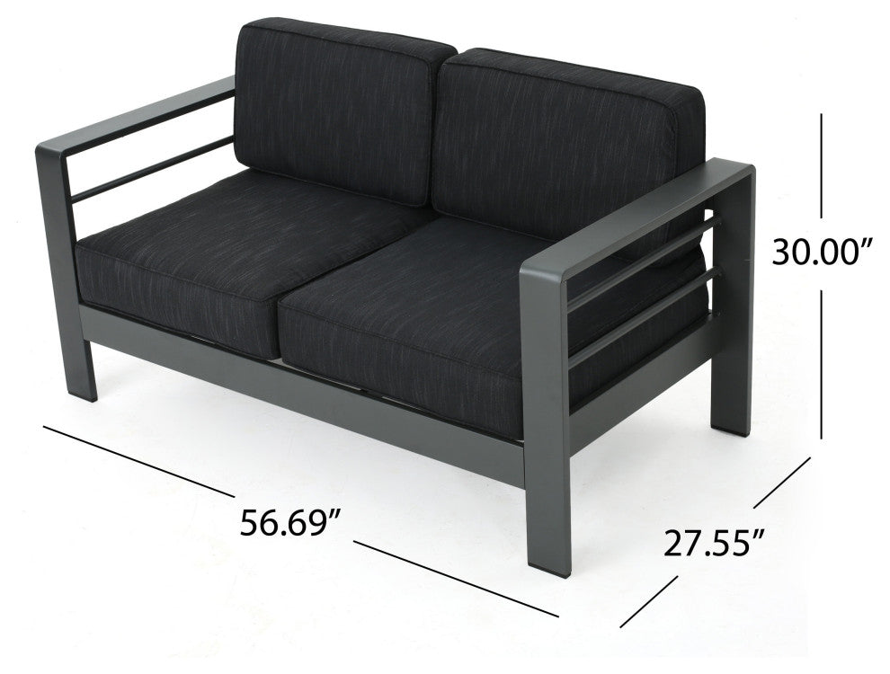 GDF Studio Cybele Doris Outdoor Aluminum Loveseat and Coffee Table Set, Gray/Dark Gray