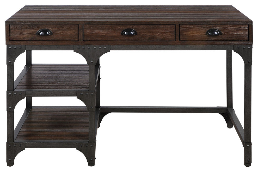 Benzara BM251321 Writing Desk With 3 Drawers and Plank Details, Brown
