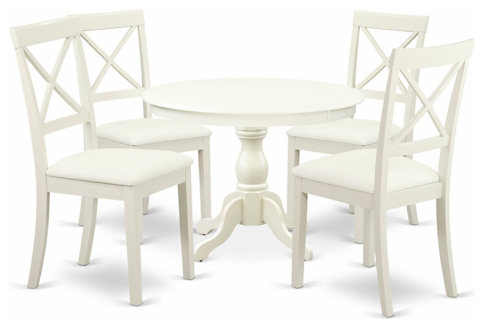 5 Pc Kitchen Set, Linen White Wooden Table, 4 Linen White Faux Leather Chairs