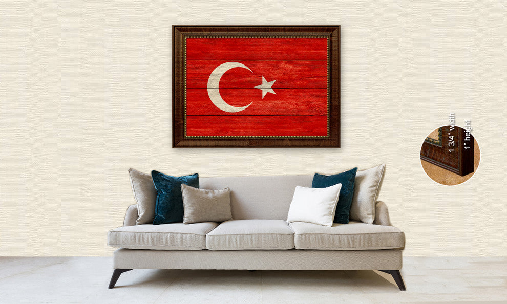 Turkey Country Textured Flag Print With Brown Gold Frame, 15"X21"