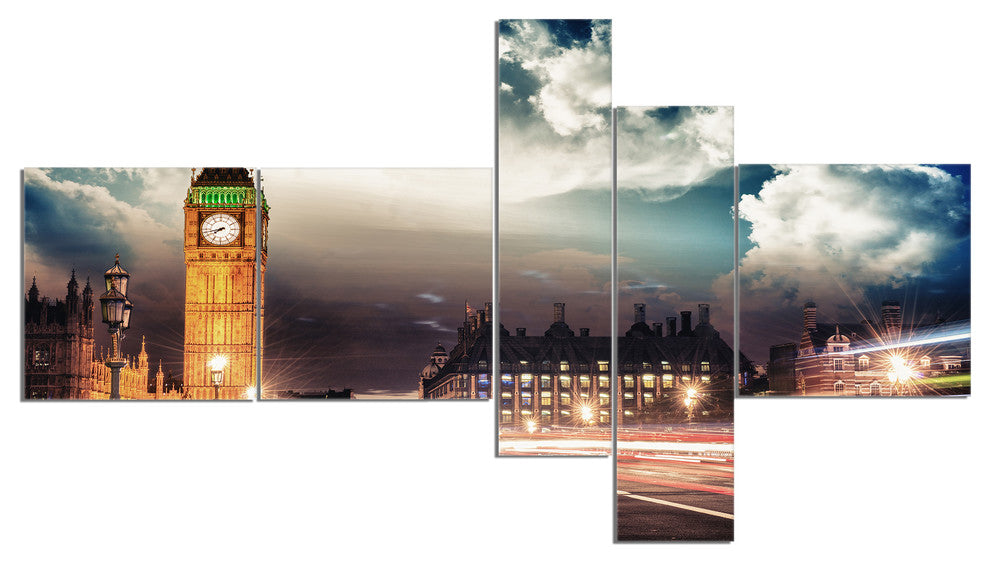 Big Ben UK from Westminster Bridge, Cityscape Canvas Print, 60"x32", 5 panels
