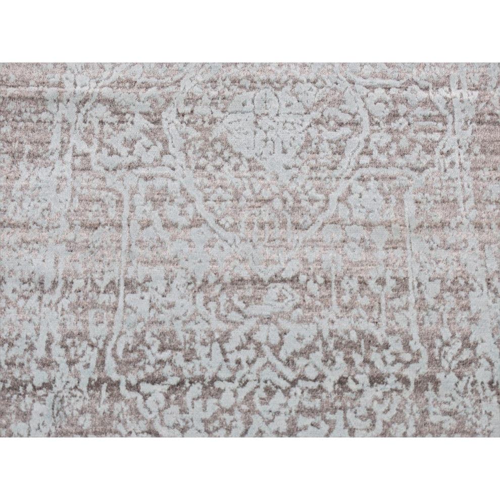 Green Erased Persian Design Hand Knotted Wool and Silk Runner Rug 2'6"x10'