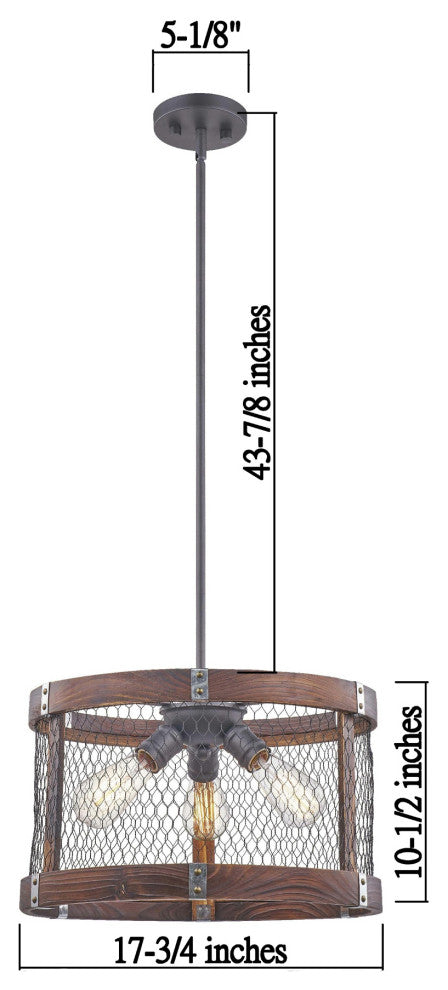 Rustic Wood In Burnt Brown Color 3-Light Pendant, No Bulbs