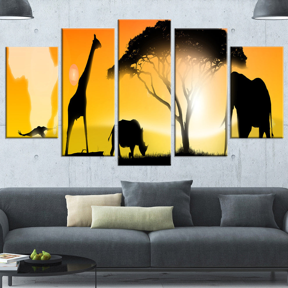 African Wildlife Panorama, African Canvas Art Print, 60"x32", 5 Panels