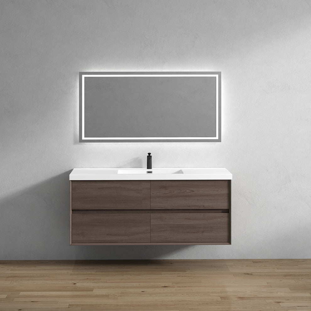 Kingdee Red Oak Wall Mounted Vanity With Reinforced Acrylic Sink, 60''