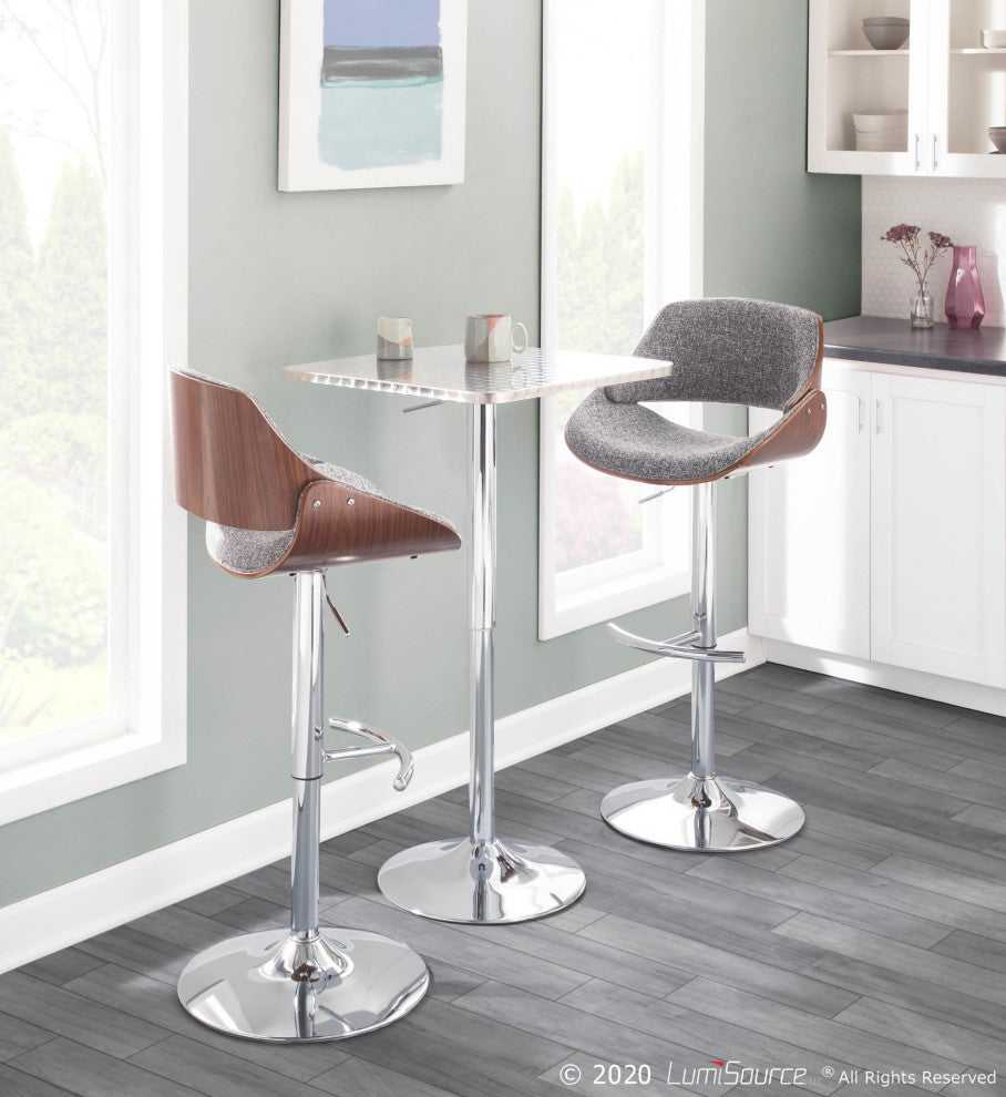 Fabrizzi Adjustable Barstool, Set of 2, Chrome, Walnut Wood, Gray Falseise