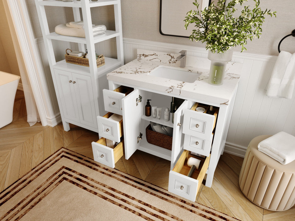 Nashville 42" Single Sink Bath Vanity, White 2" Carrara Quartz