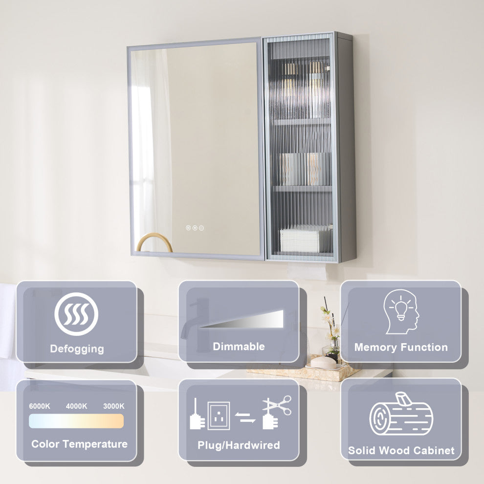 Solid Wood Bathroom Medicine Cabinet With Lights, Defogger, Grey, 30"x28"
