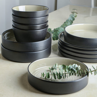 Stone Lain Elica Stoneware 12 Piece Dinnerware Set, Beige and Black
