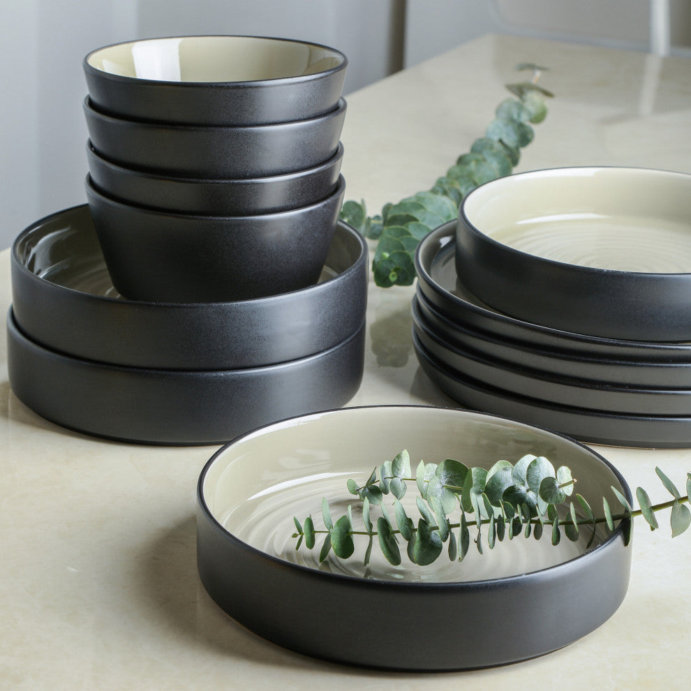 Stone Lain Elica Stoneware 12 Piece Dinnerware Set, Beige and Black
