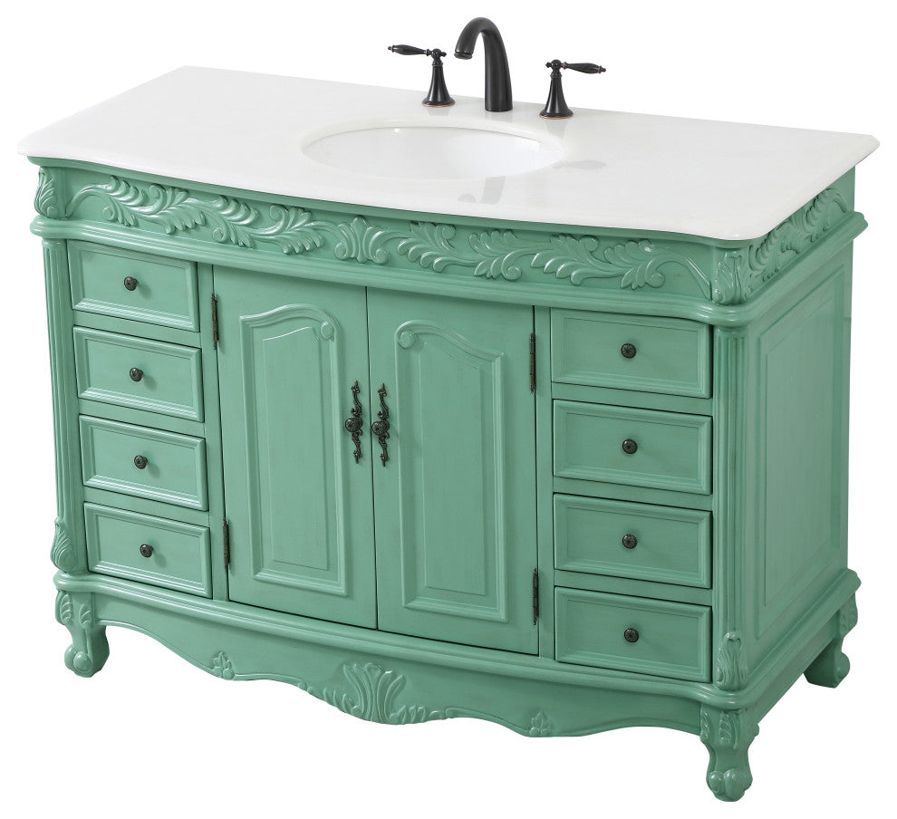48" Single Bathroom Vanity, Vintage Mint With Ivory White Quartz