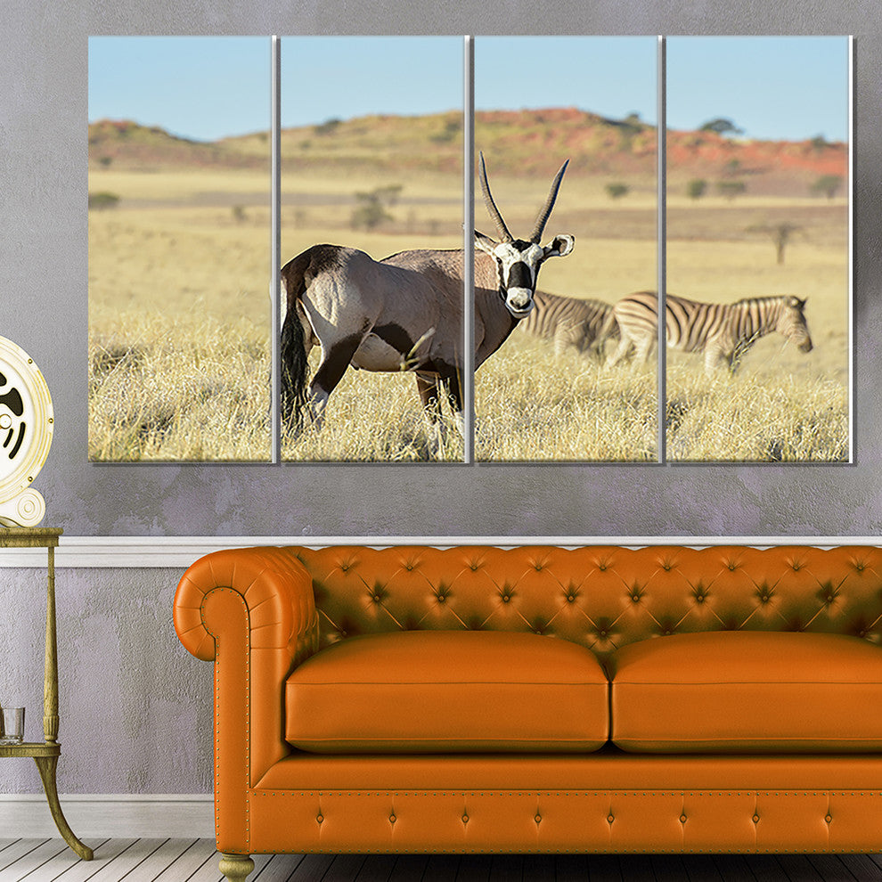 Wildlife in Namibia Grassland, African Canvas Art Print, 48"x28", 4 Panels