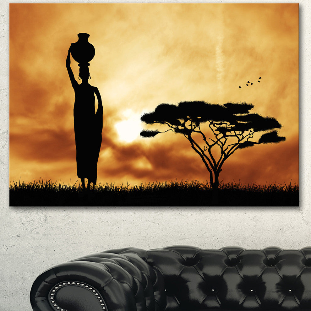 African Woman and Lonely Tree, African Landscape Canvas Art Print, 40"x30"