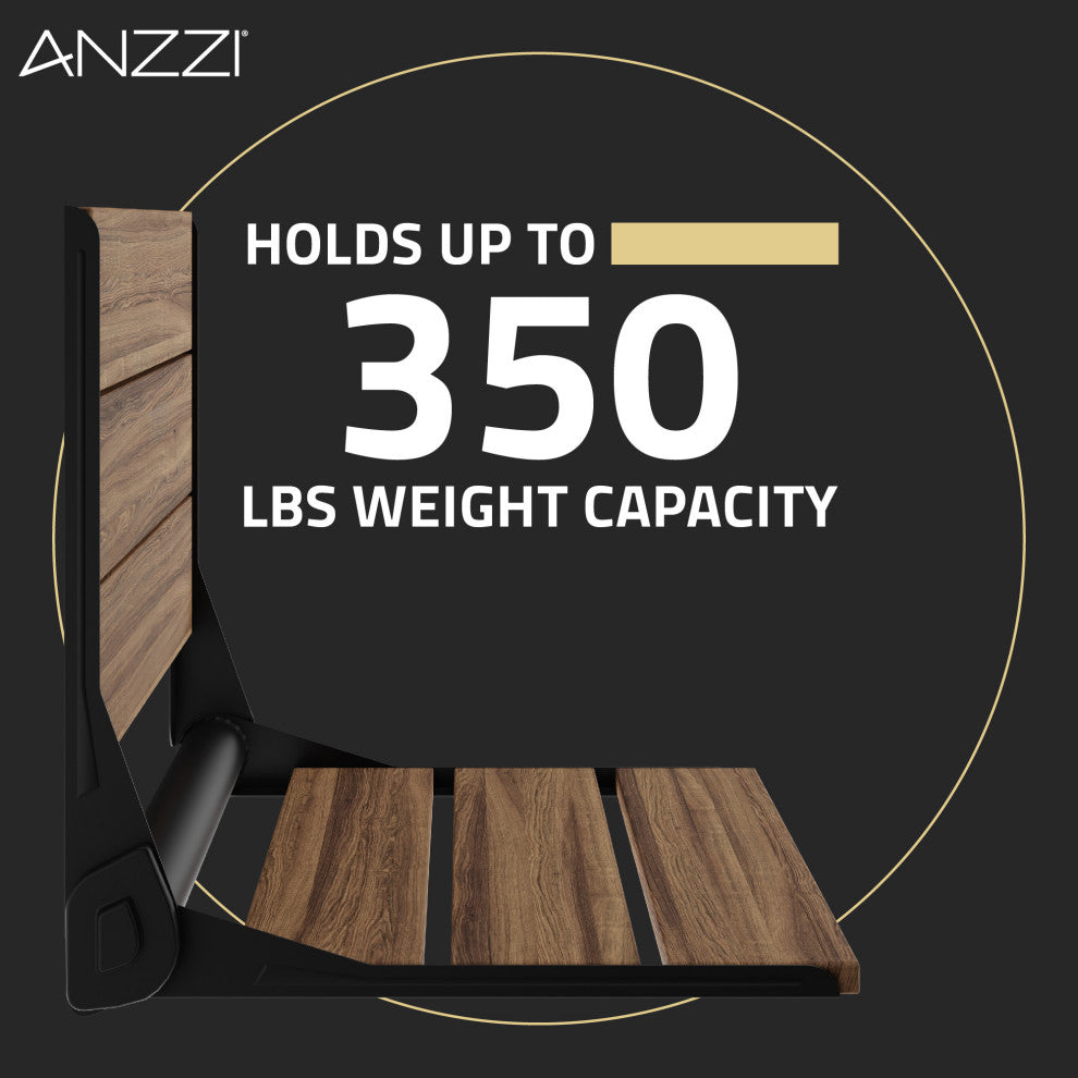 Saxon 17 in. Teak Wall Mounted Folding Shower Seat, Matte Black