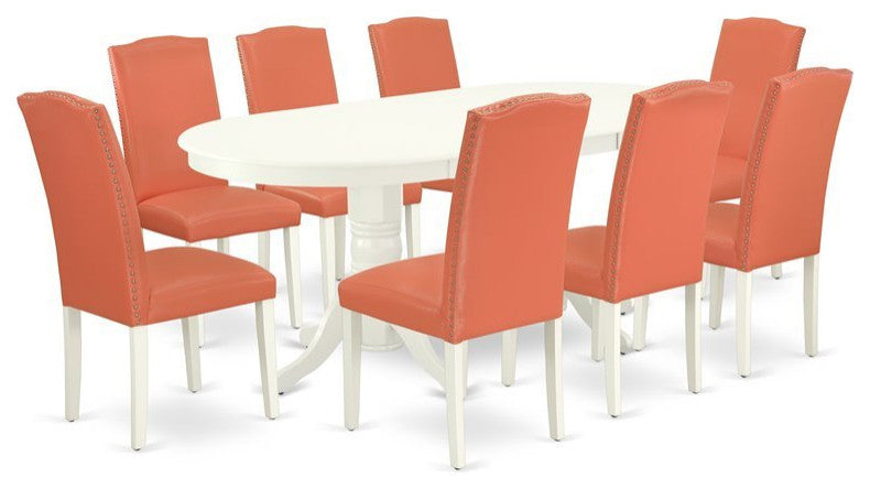 9-Piece Kitchen Set, Table With Leaf and 8-Parson Chair Color Pink Flamingo