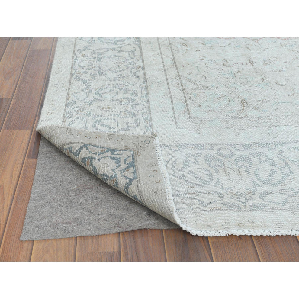Worn Wool, Hand Knotted, Ivory, Vintage Persian Kerman, Oriental Rug 9'8"x12'10"