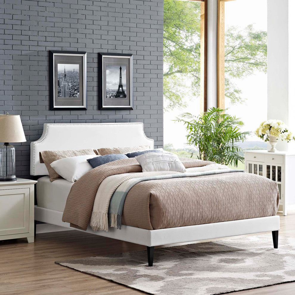 White Corene Full Vinyl Platform Bed with Squared Tapered Legs